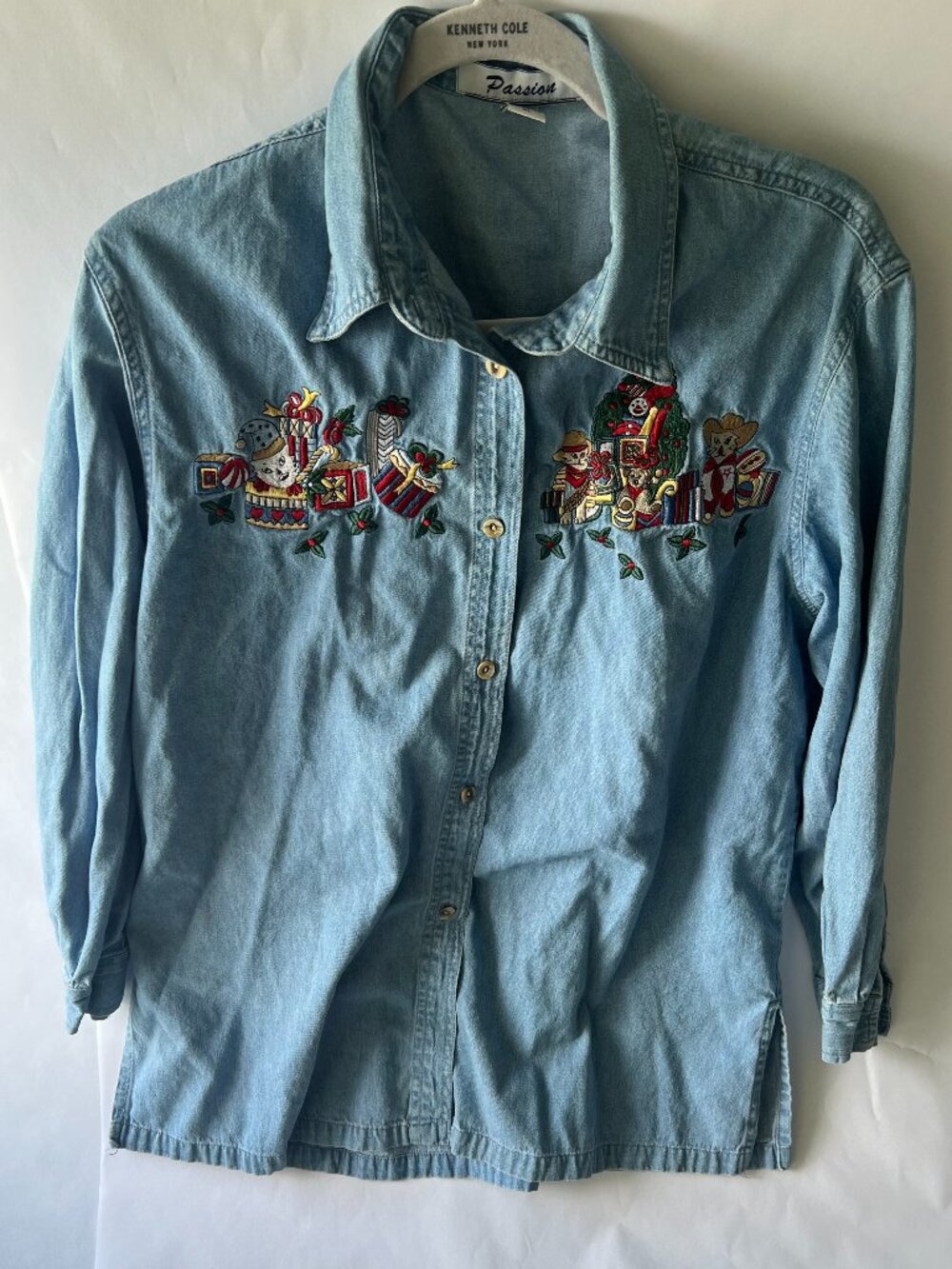 Vintage Passion Denim Shirt Christmas Cats XL